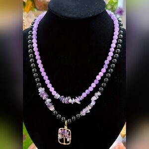 2pc Natural Amethyst Beaded Necklace,Tree of Life Double Sided Pendant
